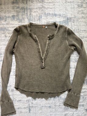 Free People Olive Green Waffle Knit Long Sleeve Henley